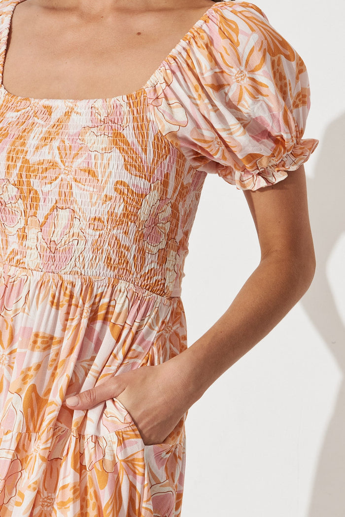 Kindra Midi Dress in White with Apricot Floral Linen Blend - detail