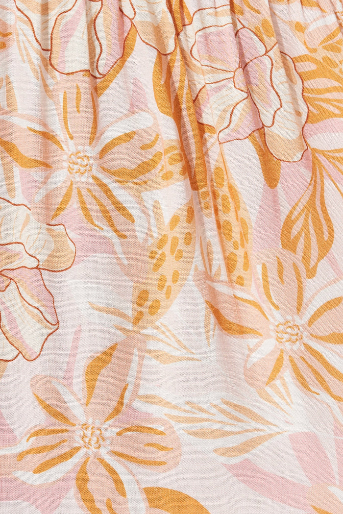 Kindra Midi Dress in White with Apricot Floral Linen Blend - fabric