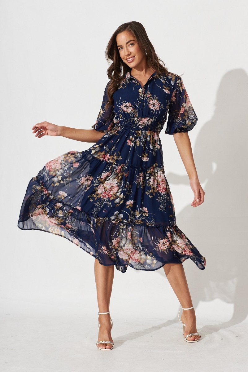 Brittney Maxi Dress In Navy And Pink Floral Chiffon - St Frock (Dev)