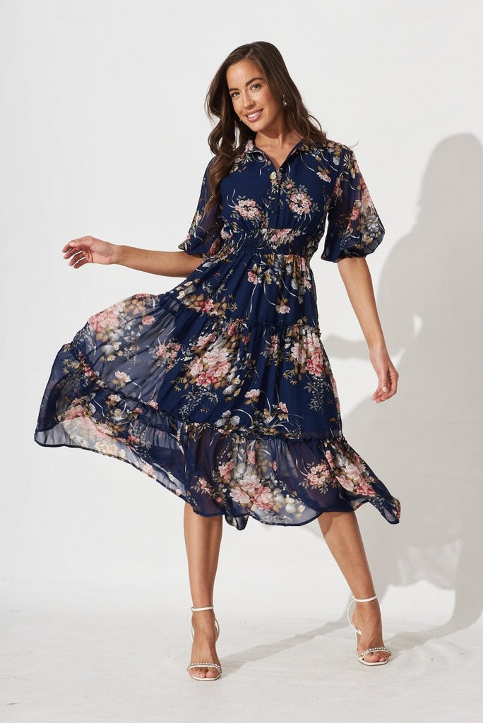 Brittney Maxi Dress In Navy And Pink Floral Chiffon - St Frock (Dev)