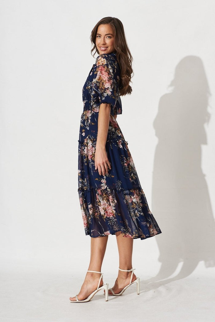 Brittney Maxi Dress In Navy And Pink Floral Chiffon - St Frock (Dev)