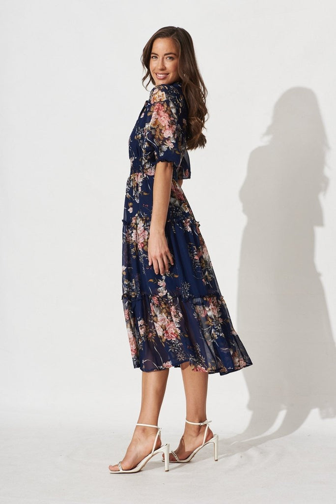 Brittney Maxi Dress In Navy And Pink Floral Chiffon - St Frock (Dev)