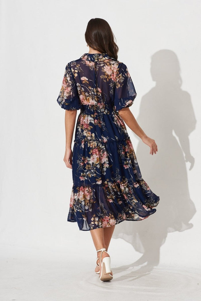 Brittney Maxi Dress In Navy And Pink Floral Chiffon - St Frock (Dev)