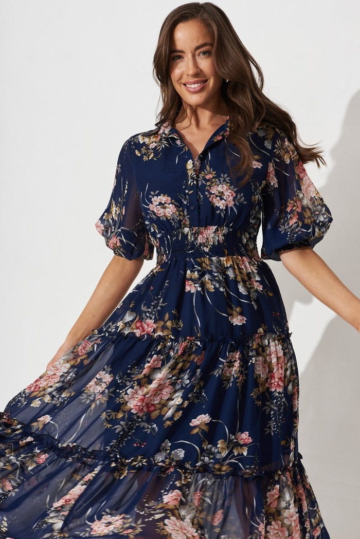Brittney Maxi Dress In Navy And Pink Floral Chiffon - St Frock (Dev)