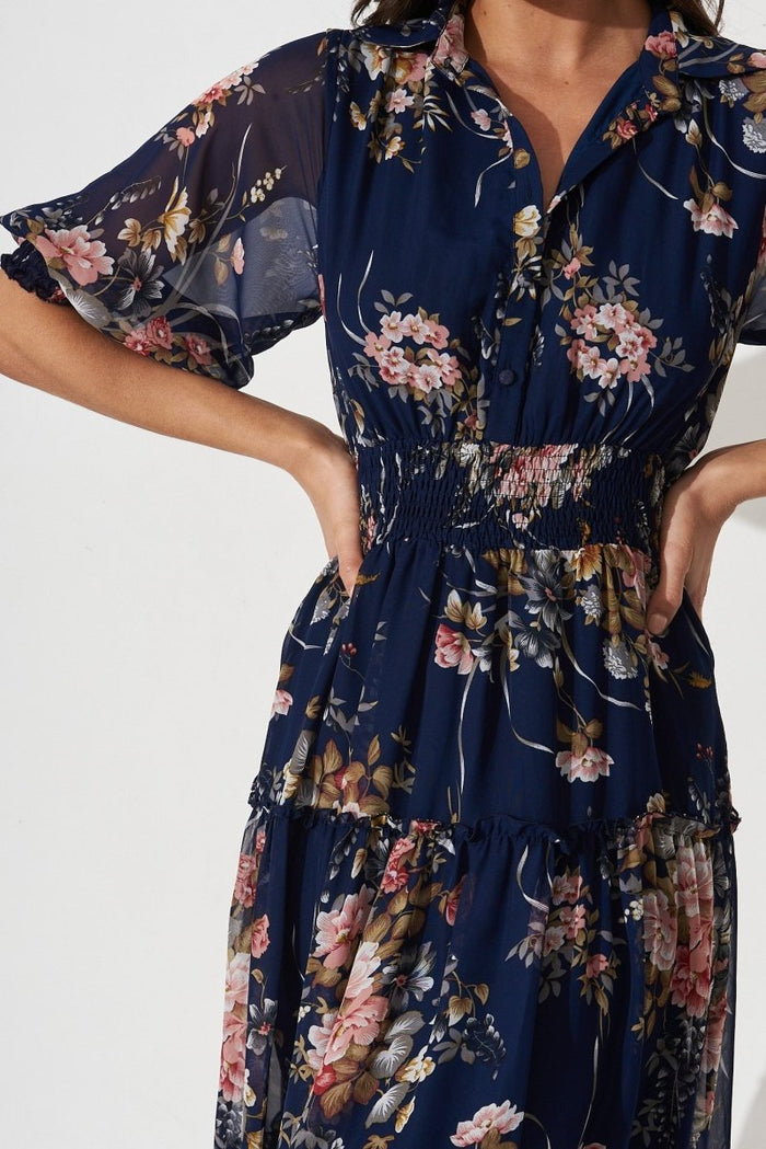 Brittney Maxi Dress In Navy And Pink Floral Chiffon - St Frock (Dev)