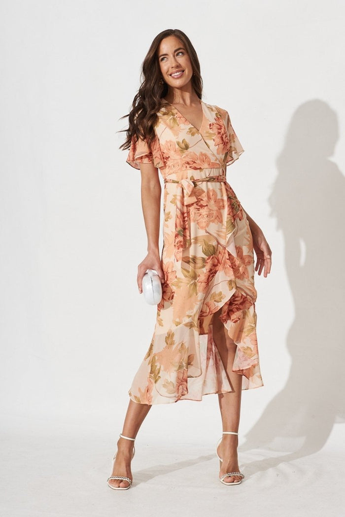 Cathy Midi Dress In Apricot With Rust Floral Chiffon - St Frock (Dev)