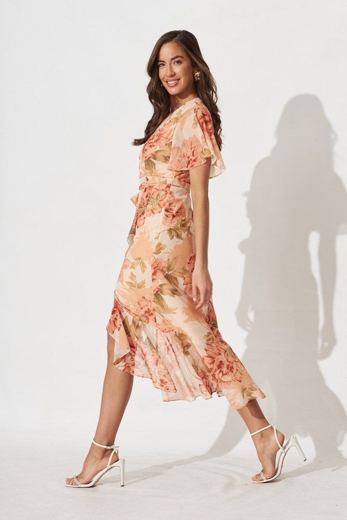 Cathy Midi Dress In Apricot With Rust Floral Chiffon - St Frock (Dev)
