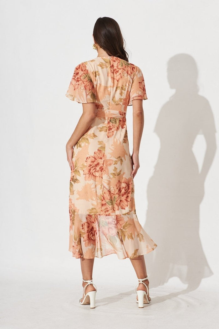 Cathy Midi Dress In Apricot With Rust Floral Chiffon - St Frock (Dev)