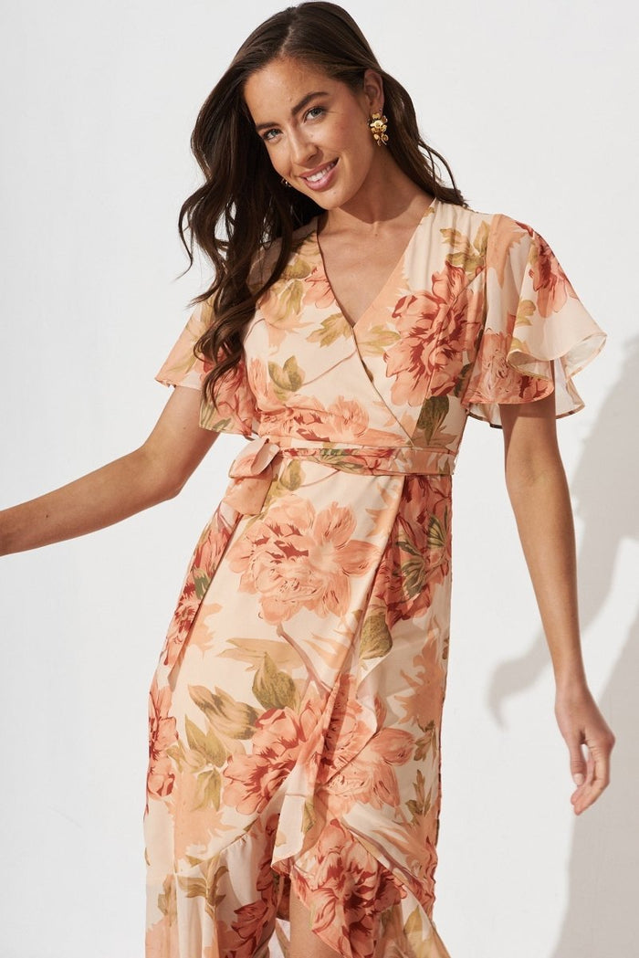 Cathy Midi Dress In Apricot With Rust Floral Chiffon - St Frock (Dev)