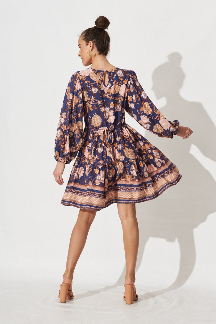 Taylee Smock Dress In Navy With Rust Boho Floral - back