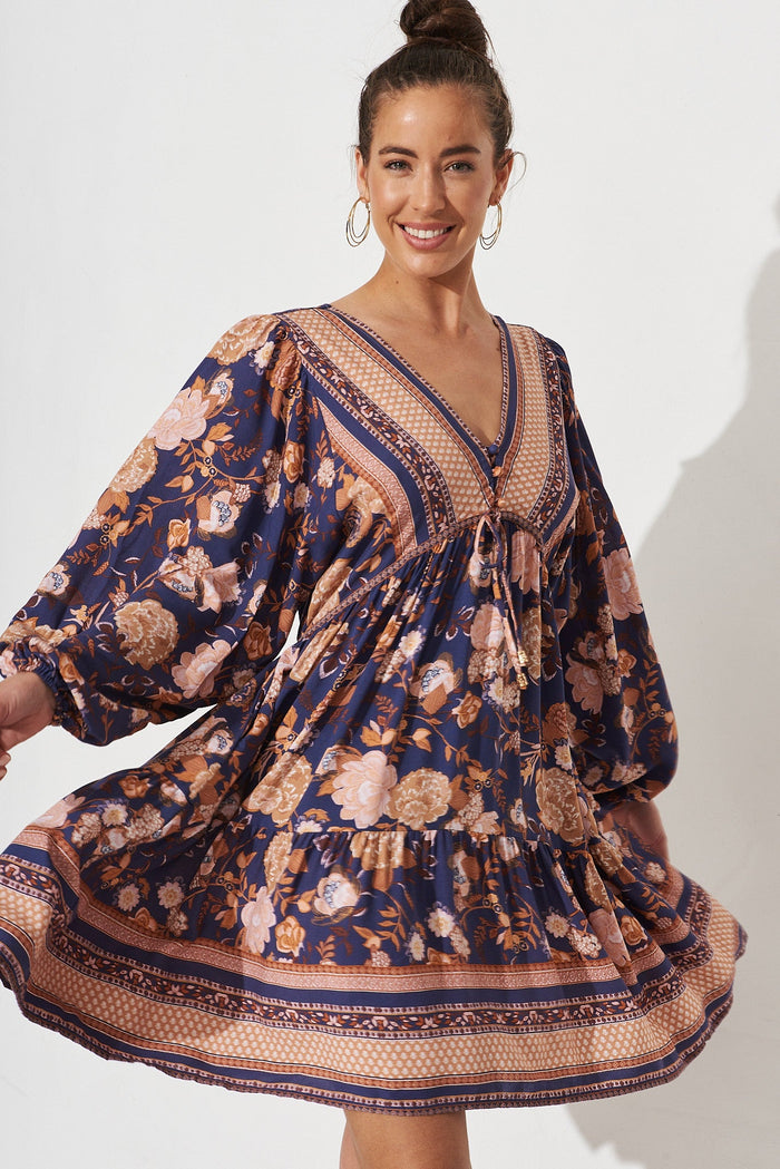 Taylee Smock Dress In Navy With Rust Boho Floral - front