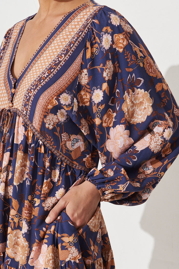 Taylee Smock Dress In Navy With Rust Boho Floral - detail