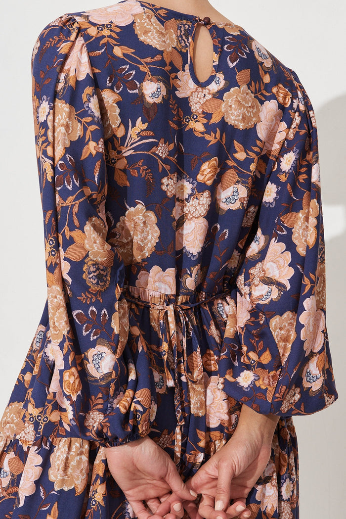Taylee Smock Dress In Navy With Rust Boho Floral - detail