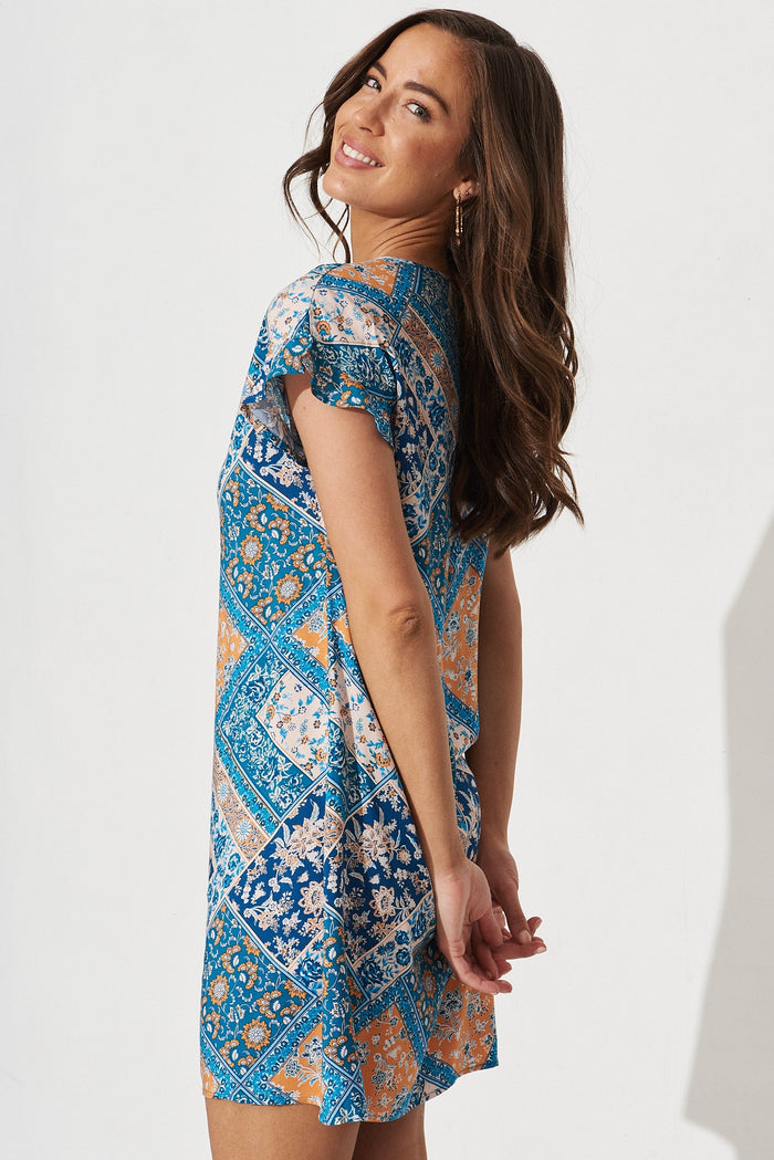 Jacoba Shift Dress In Navy And Blue Tile Print - side