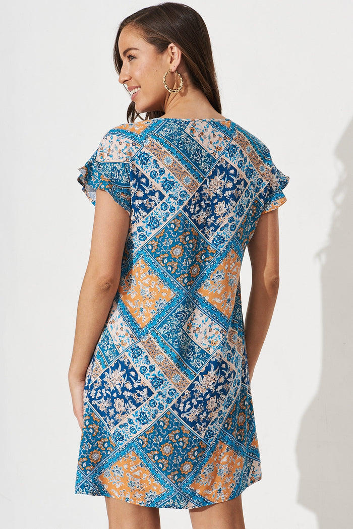 Jacoba Shift Dress In Navy And Blue Tile Print - back