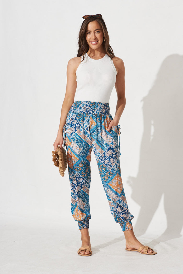 Gabby Lounge Pants In Navy and Blue Tile Print - full length