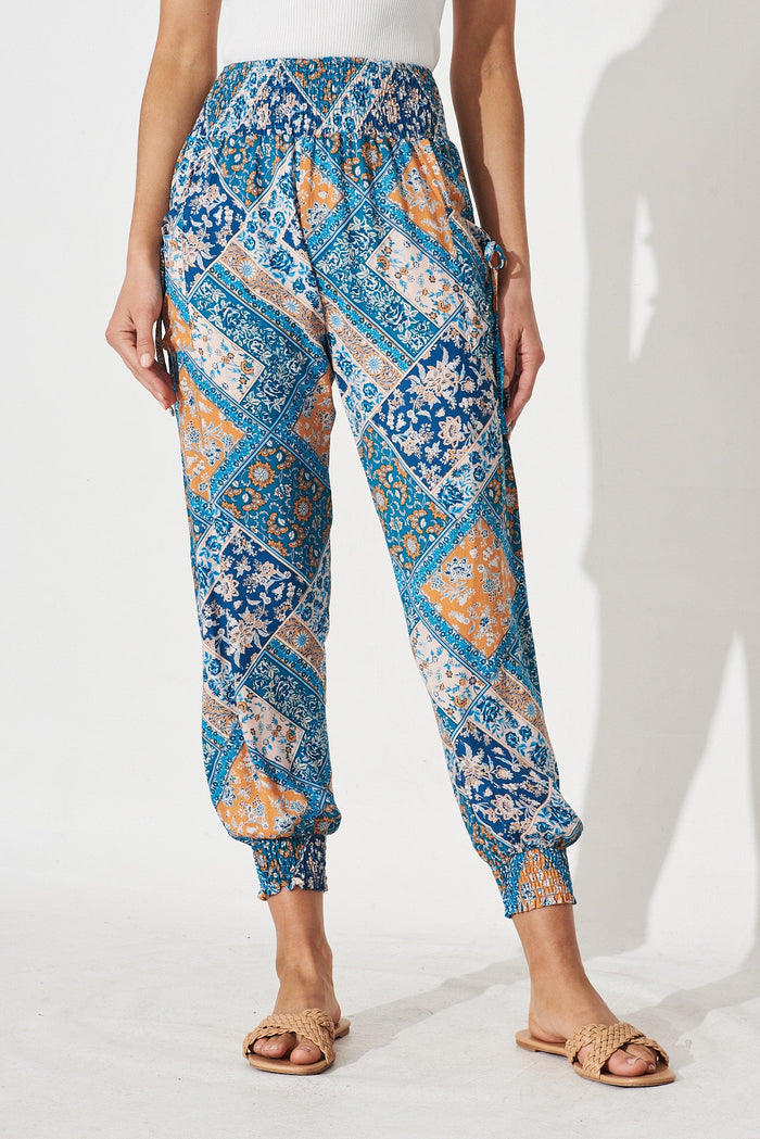 Gabby Lounge Pants In Navy and Blue Tile Print - front