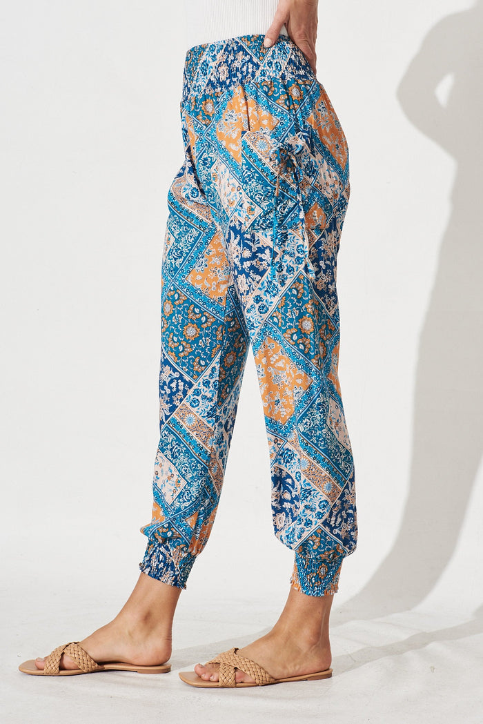 Gabby Lounge Pants In Navy and Blue Tile Print - side
