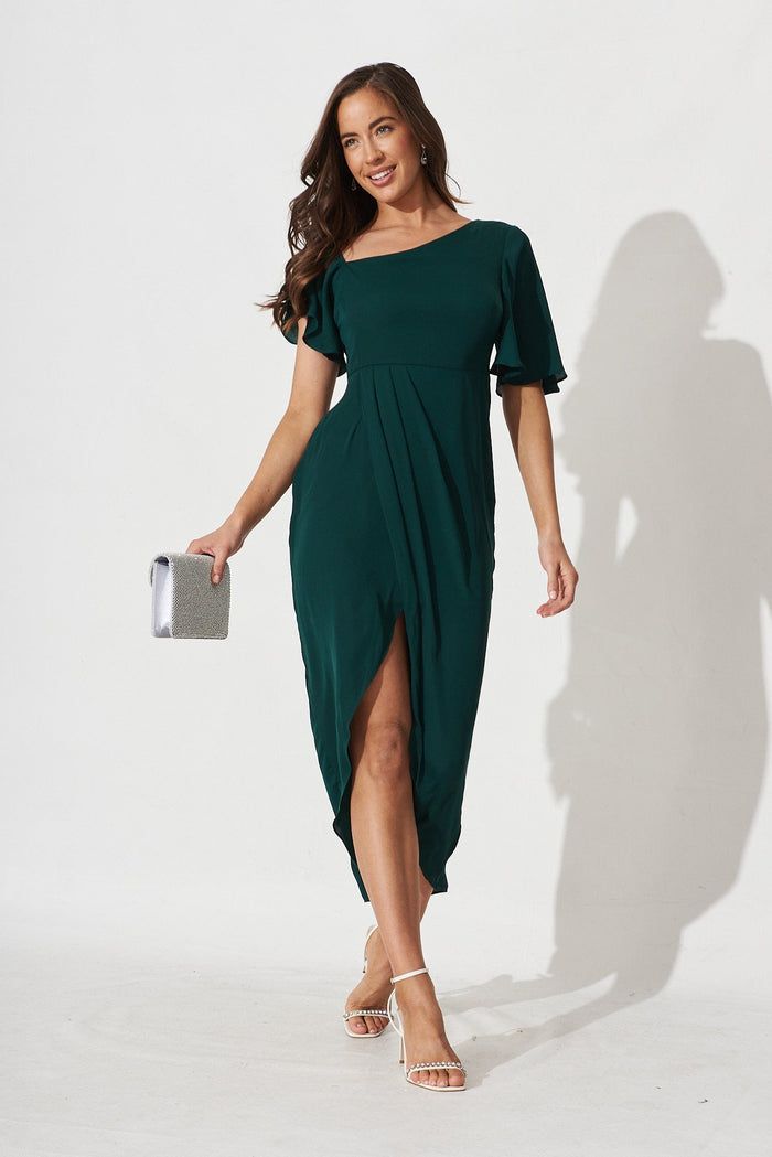 Jaxie Midi Dress In Emerald Satin - full length