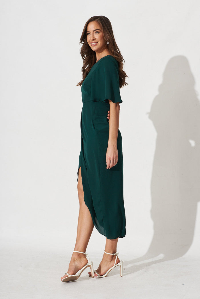 Jaxie Midi Dress In Emerald Satin - side