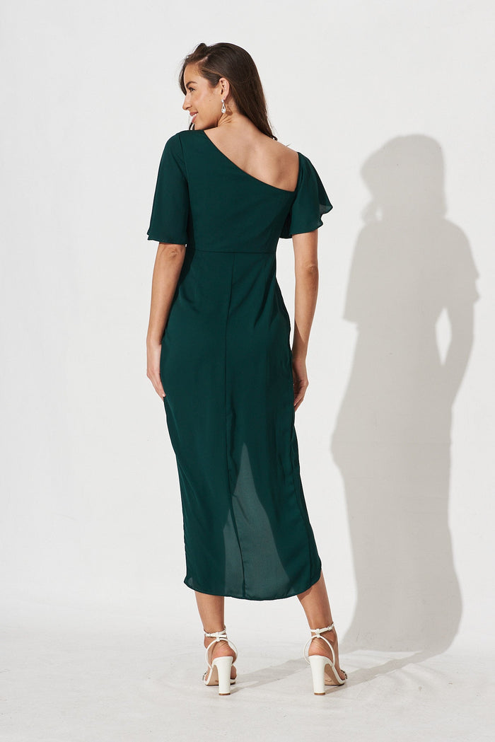 Jaxie Midi Dress In Emerald Satin - back
