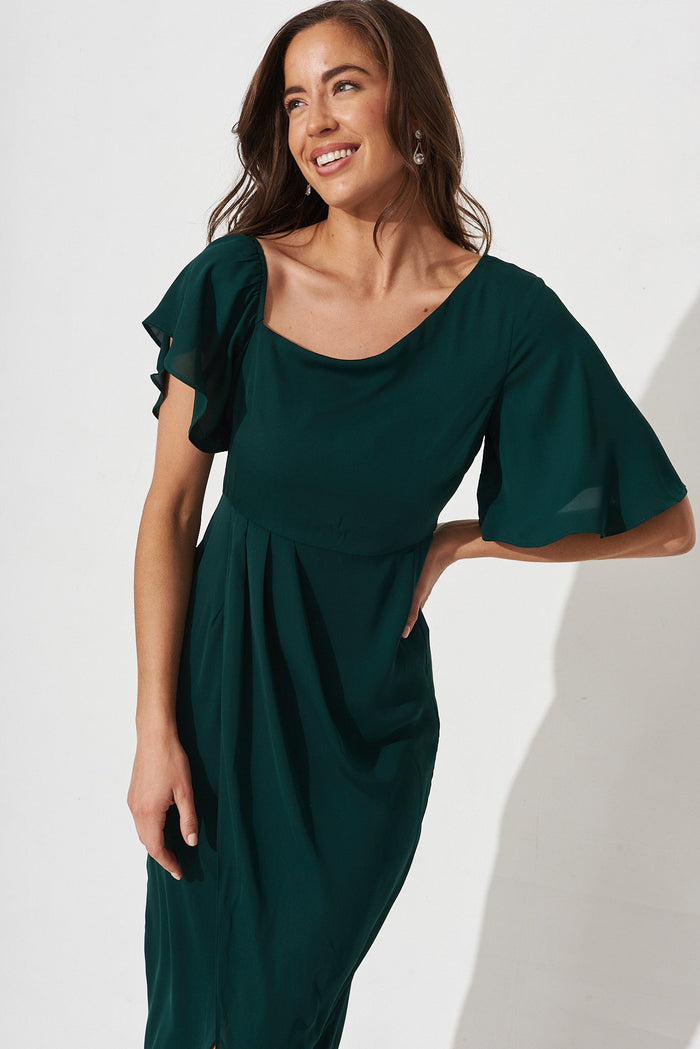 Jaxie Midi Dress In Emerald Satin - front