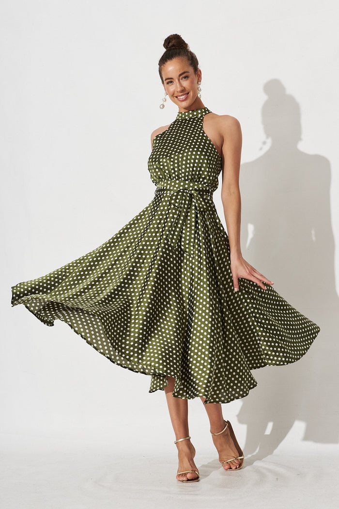 Nadia Midi Dress In Green Spot Satin - full length