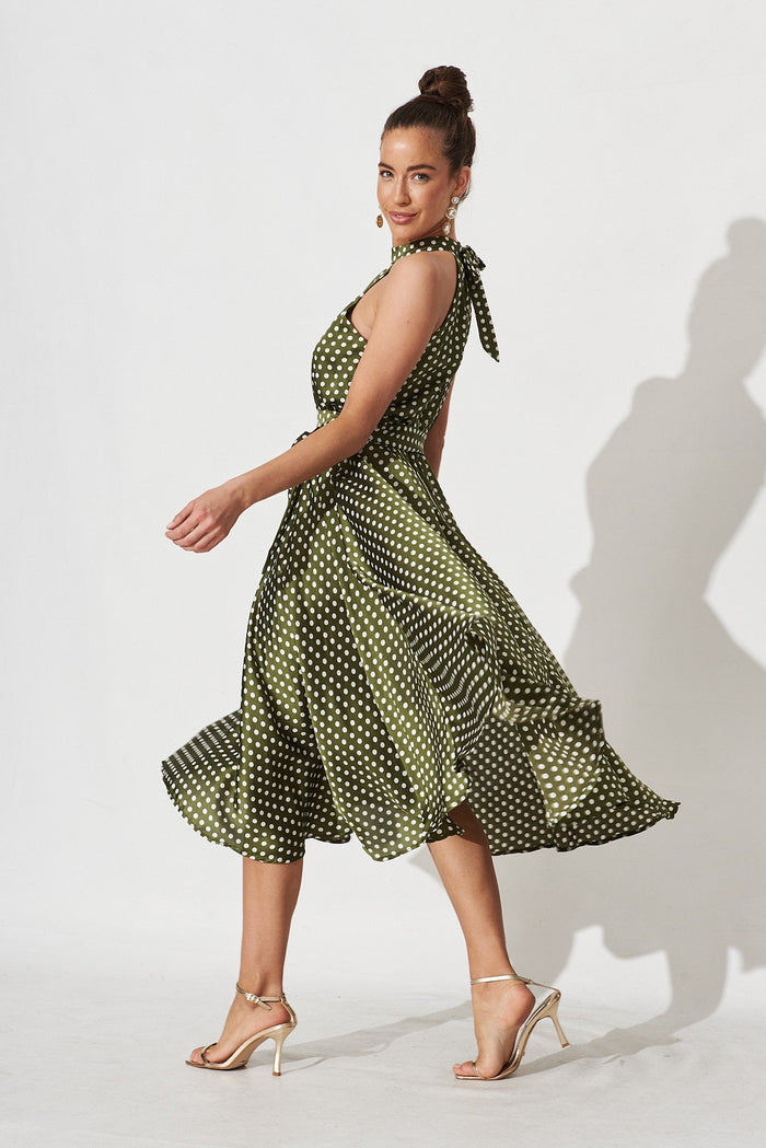 Nadia Midi Dress In Green Spot Satin - side