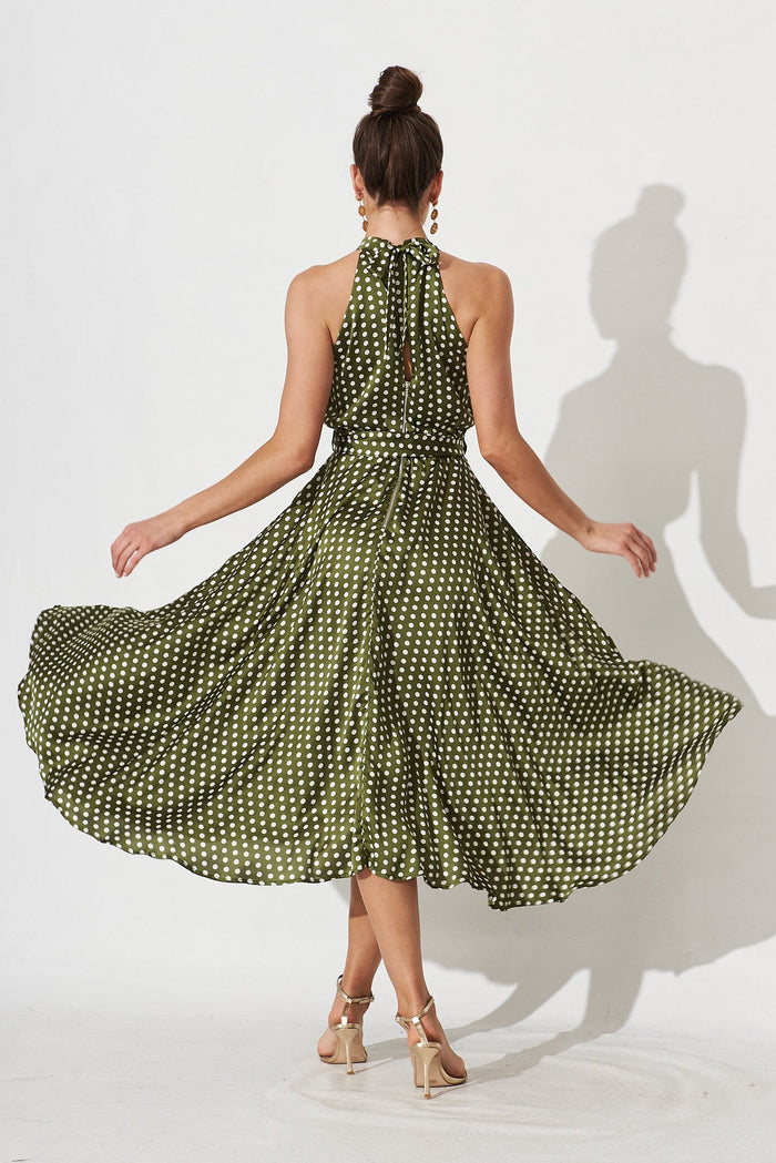 Nadia Midi Dress In Green Spot Satin - back