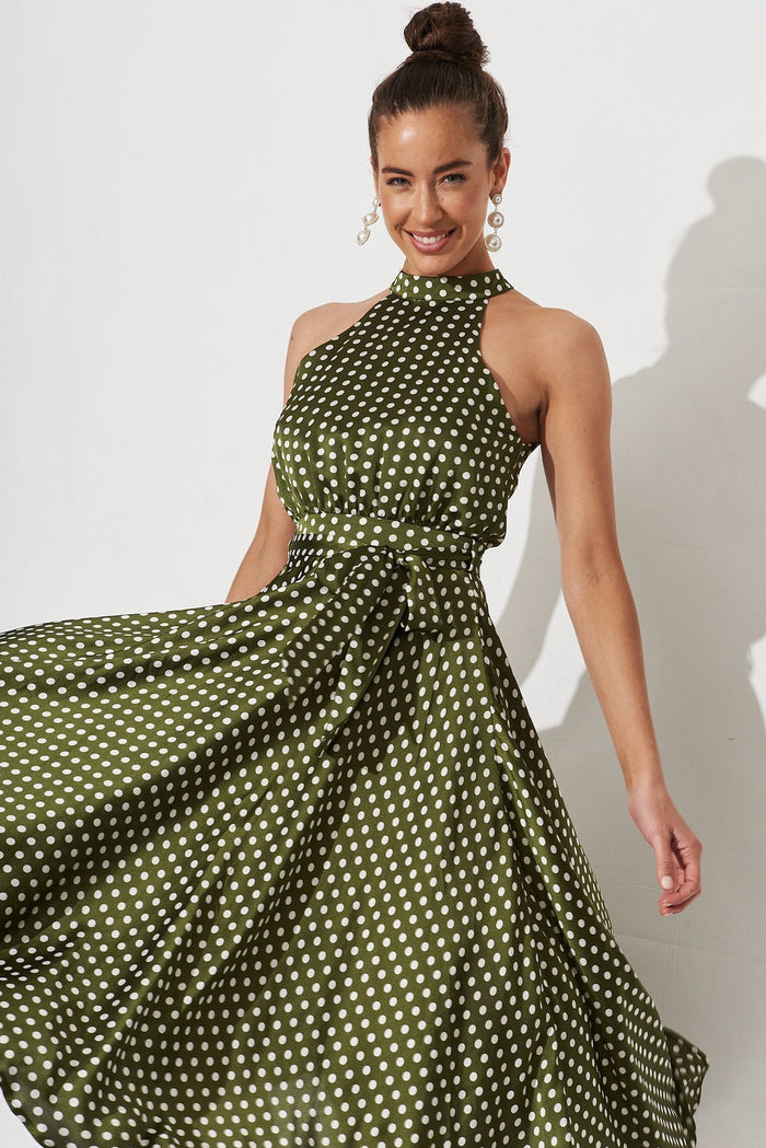 Nadia Midi Dress In Green Spot Satin - front