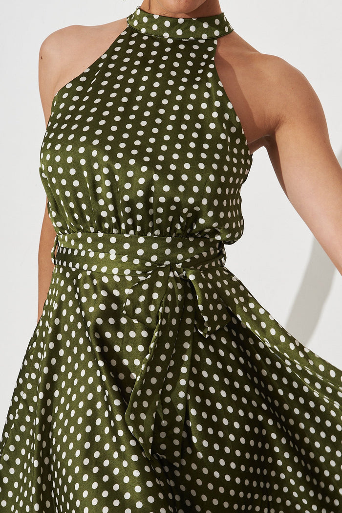 Nadia Midi Dress In Green Spot Satin - detail