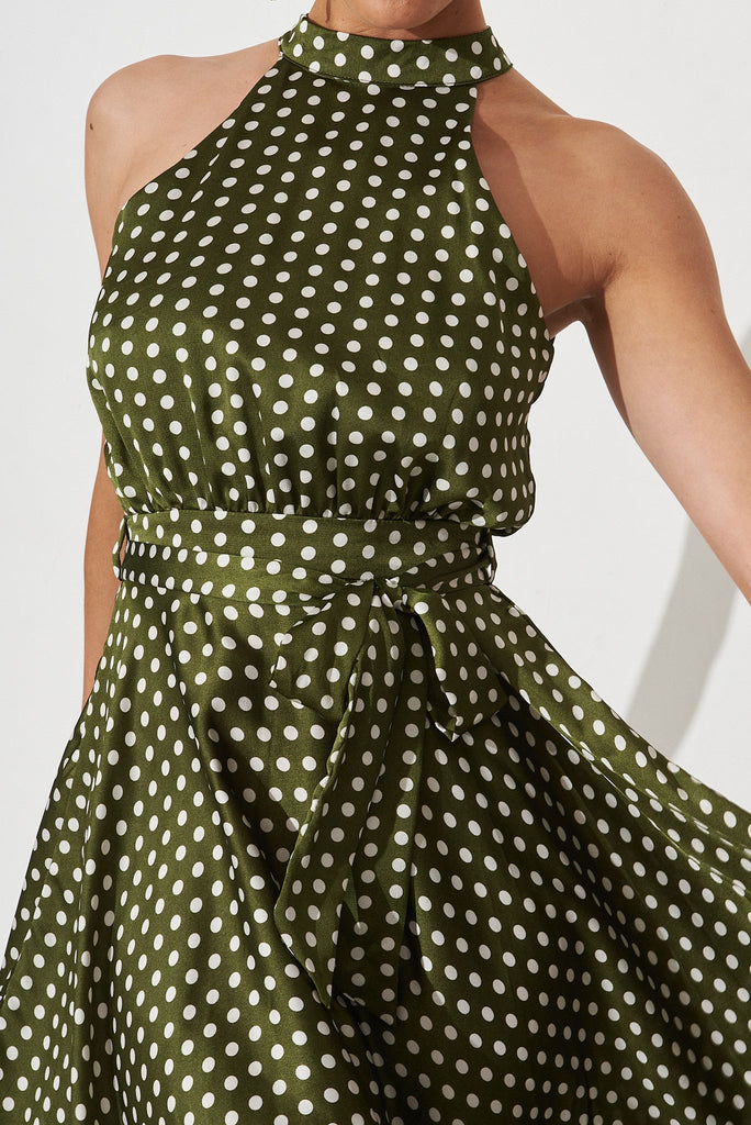 Nadia Midi Dress In Green Spot Satin - detail