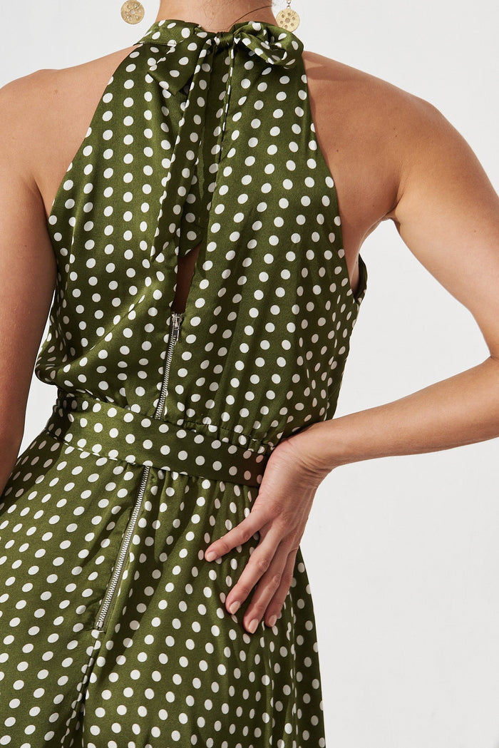 Nadia Midi Dress In Green Spot Satin - detail