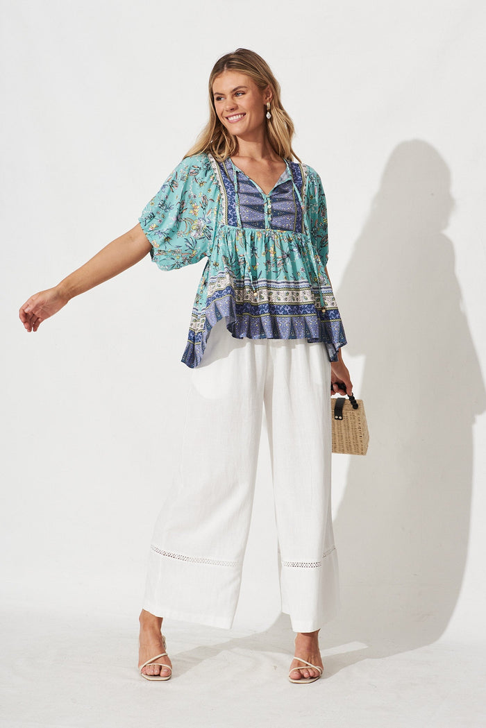 Natasha Top In Blue With Green Floral - full length