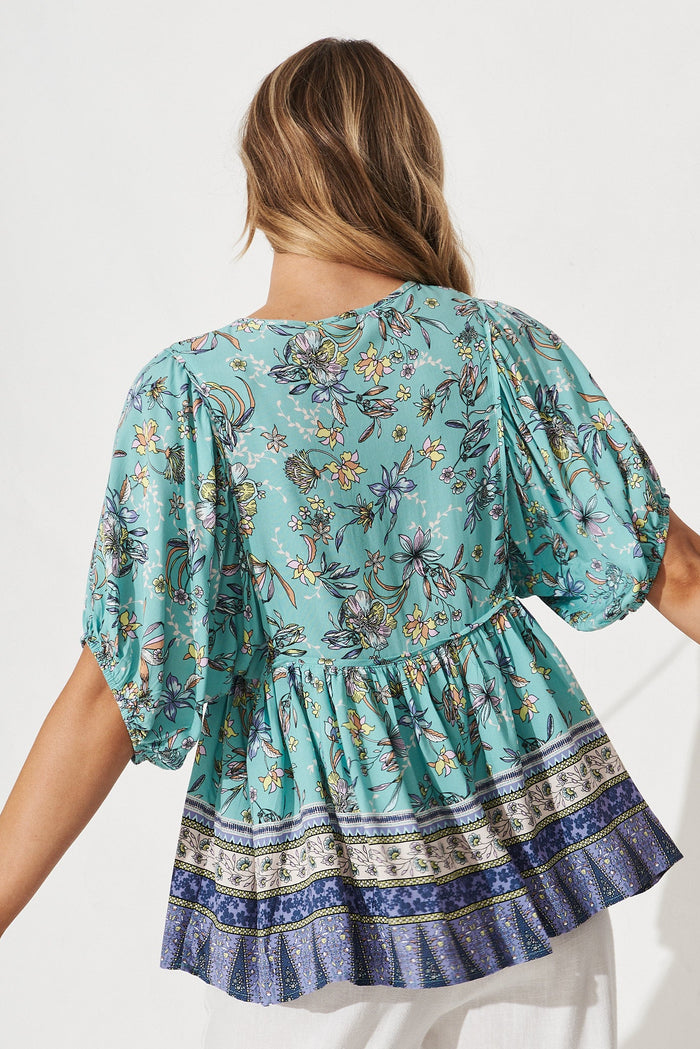 Natasha Top In Blue With Green Floral - back