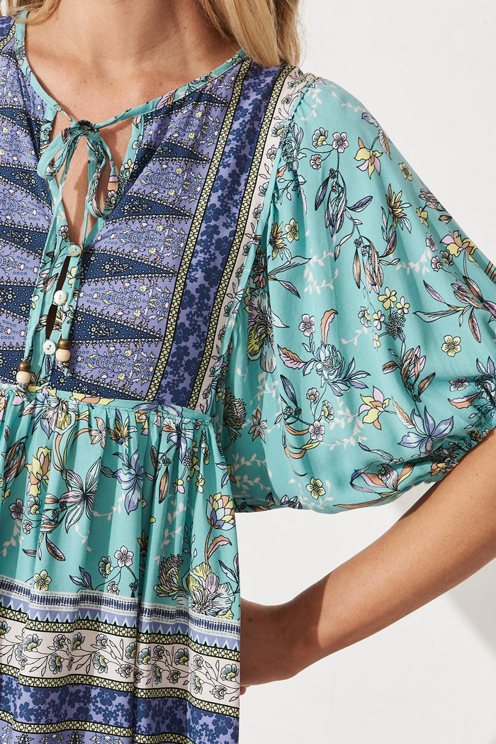 Natasha Top In Blue With Green Floral - detail