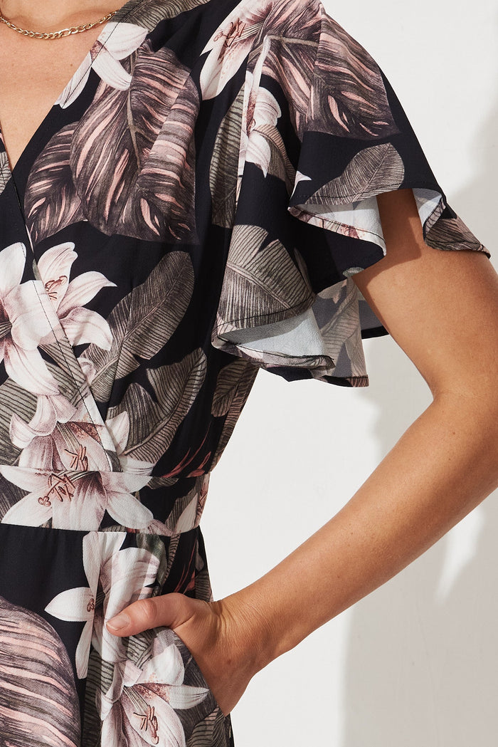 One Wish Dress In Black Tropical Floral - detail
