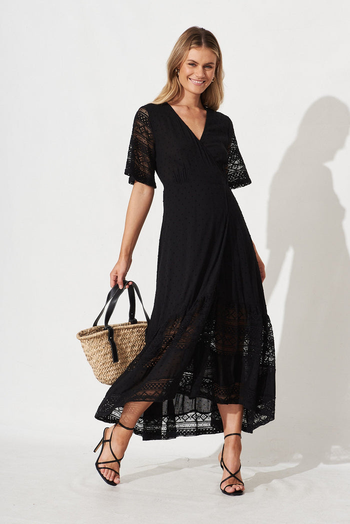 Hanaly Maxi Wrap Dress In Black Swiss Dot - full length