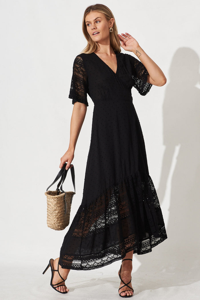 Hanaly Maxi Wrap Dress In Black Swiss Dot - full length