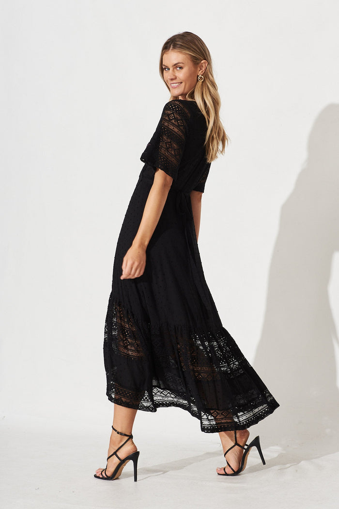 Hanaly Maxi Wrap Dress In Black Swiss Dot - side