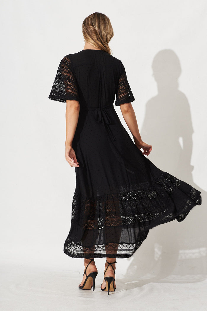 Hanaly Maxi Wrap Dress In Black Swiss Dot - back