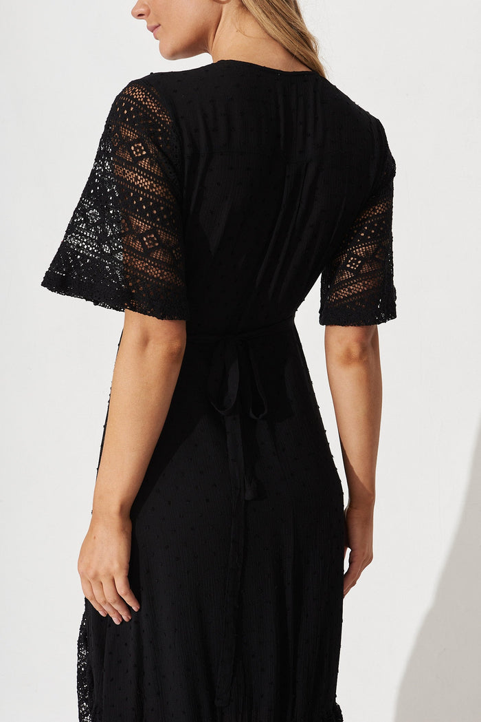 Hanaly Maxi Wrap Dress In Black Swiss Dot - detail