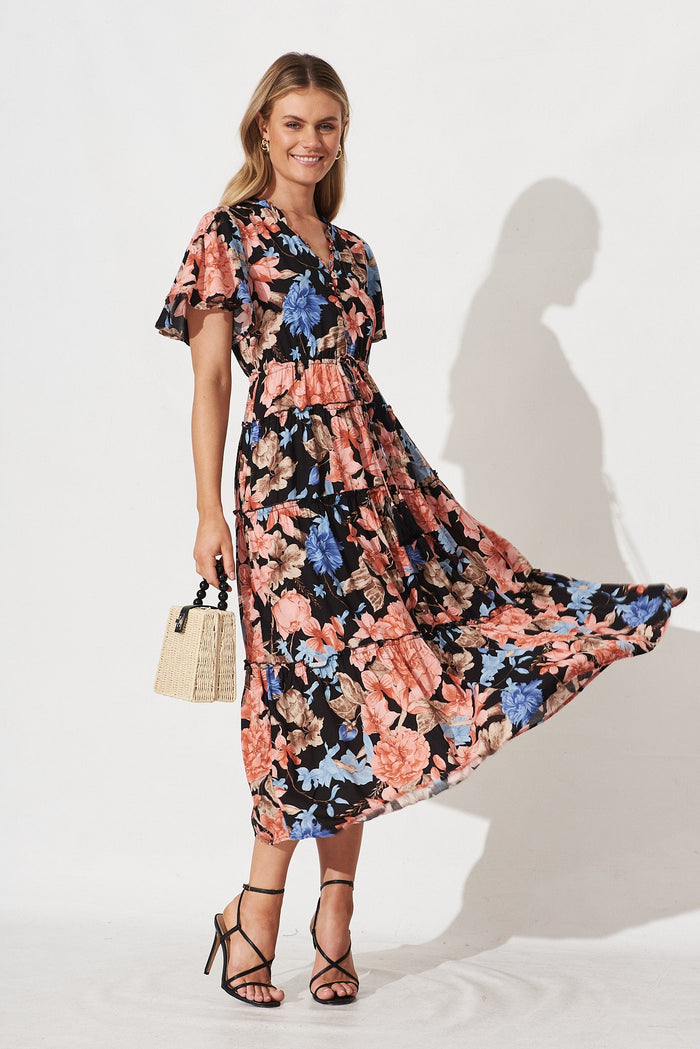 Melanee Maxi Dress In Black With Coral Floral - full length