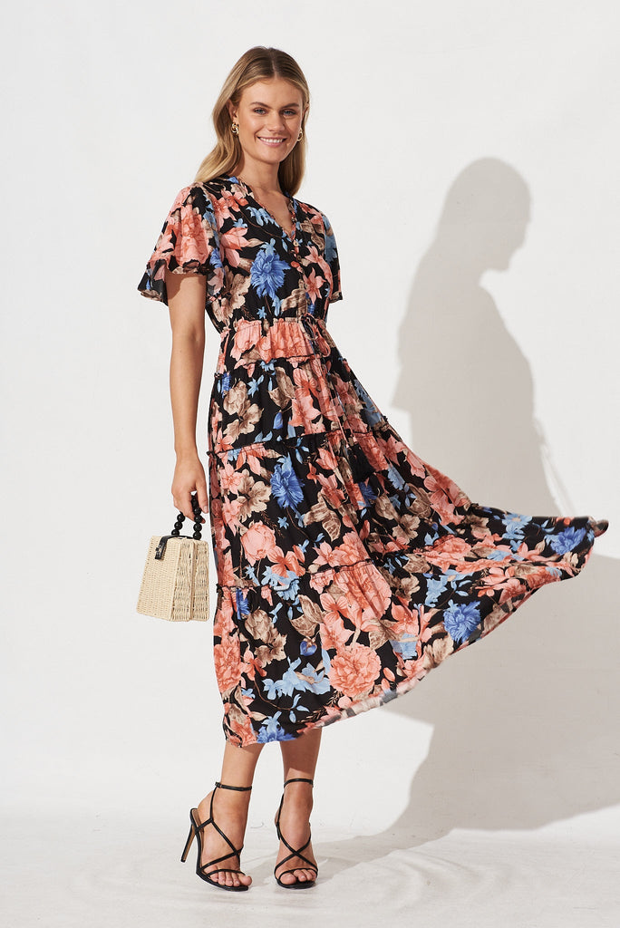 Melanee Maxi Dress In Black With Coral Floral - full length