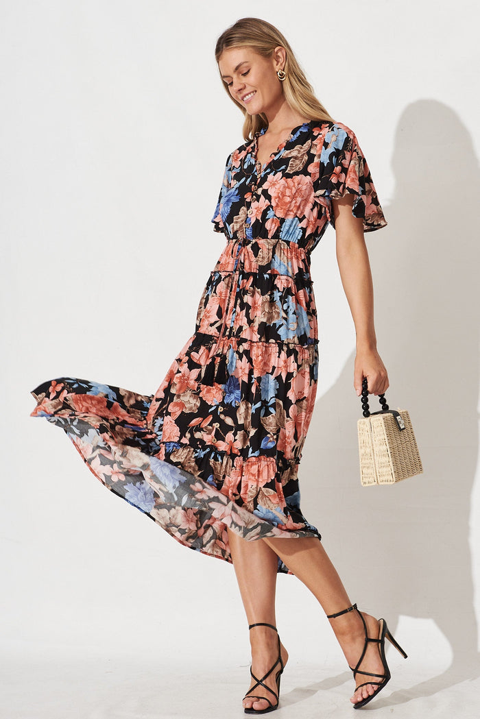 Melanee Maxi Dress In Black With Coral Floral - full length