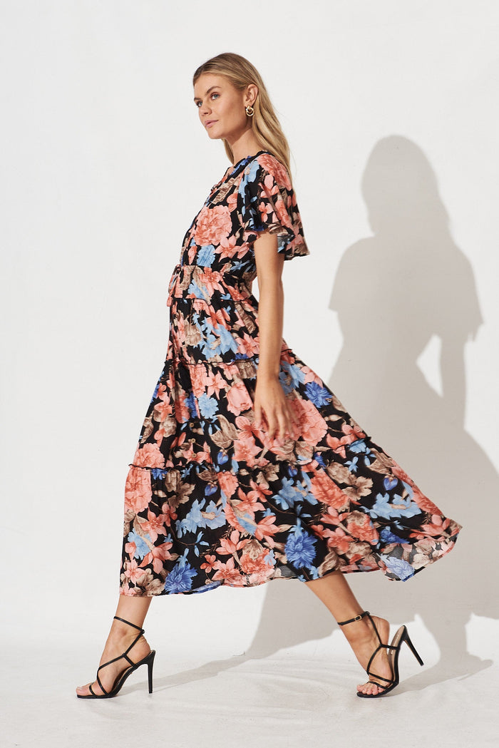 Melanee Maxi Dress In Black With Coral Floral - side