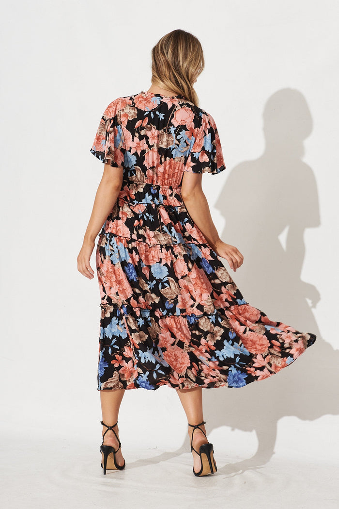 Melanee Maxi Dress In Black With Coral Floral - back