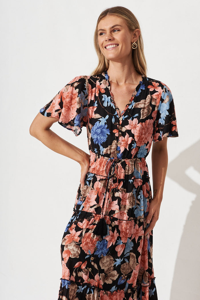 Melanee Maxi Dress In Black With Coral Floral - front