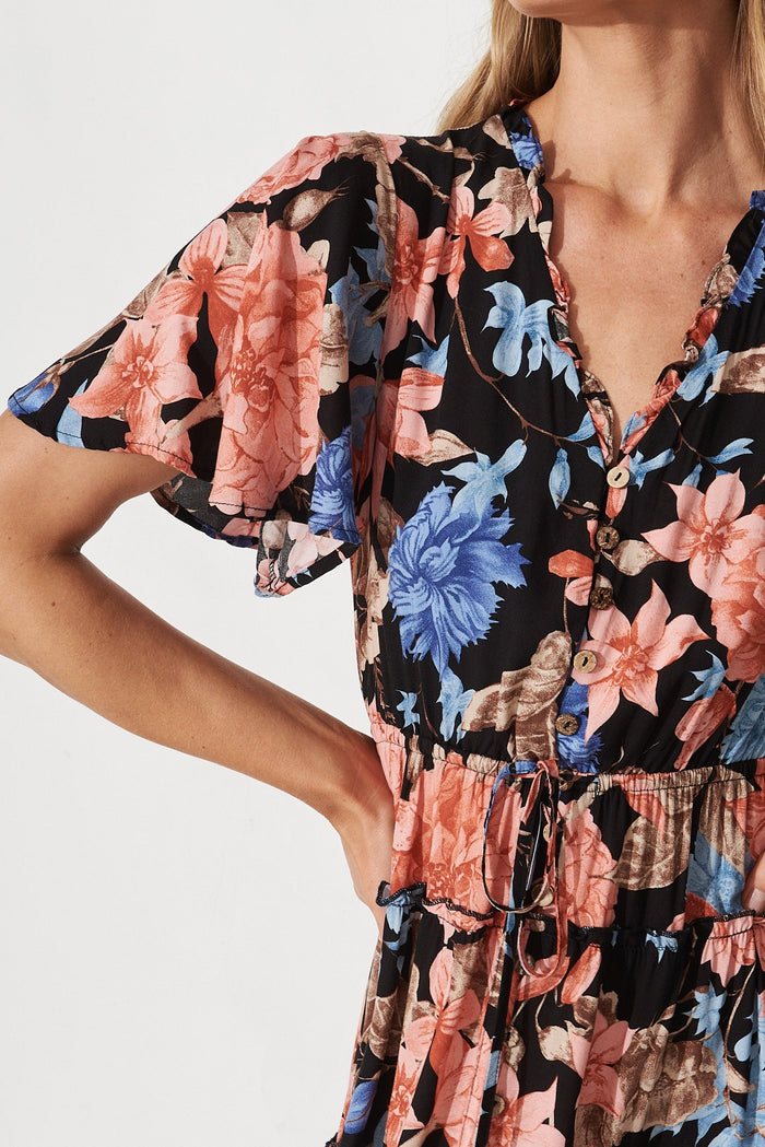 Melanee Maxi Dress In Black With Coral Floral - detail