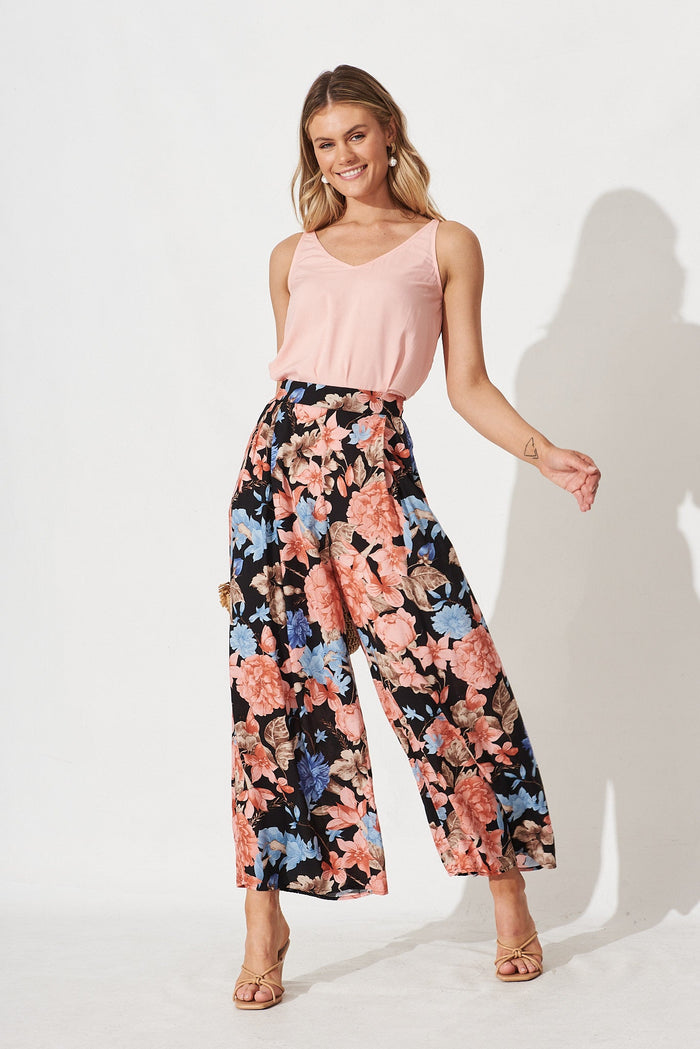 Mollie Pants In Black With Coral Floral - full length